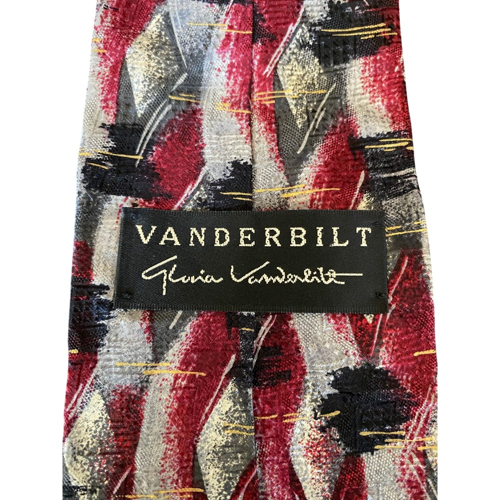 Gloria Vanderbilt Mens Silk Necktie Red Black Silver Abstract Geometric USA Made
